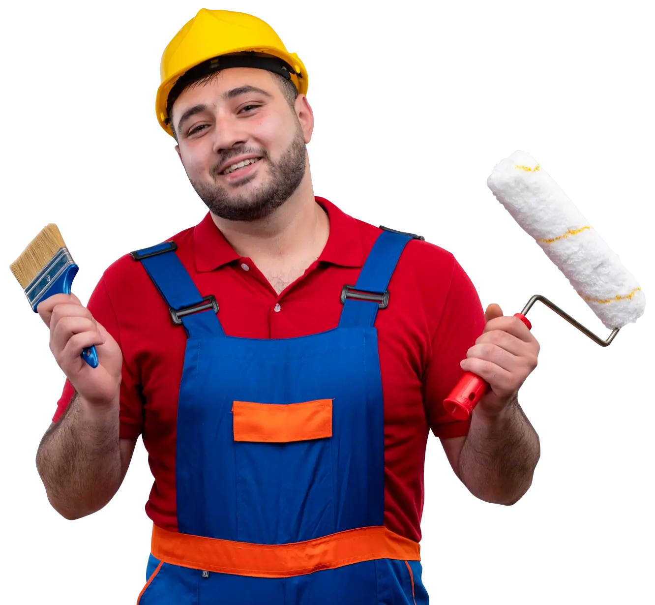 Smiling man in overalls holds a paintbrush and roller, wearing a yellow hard hat.