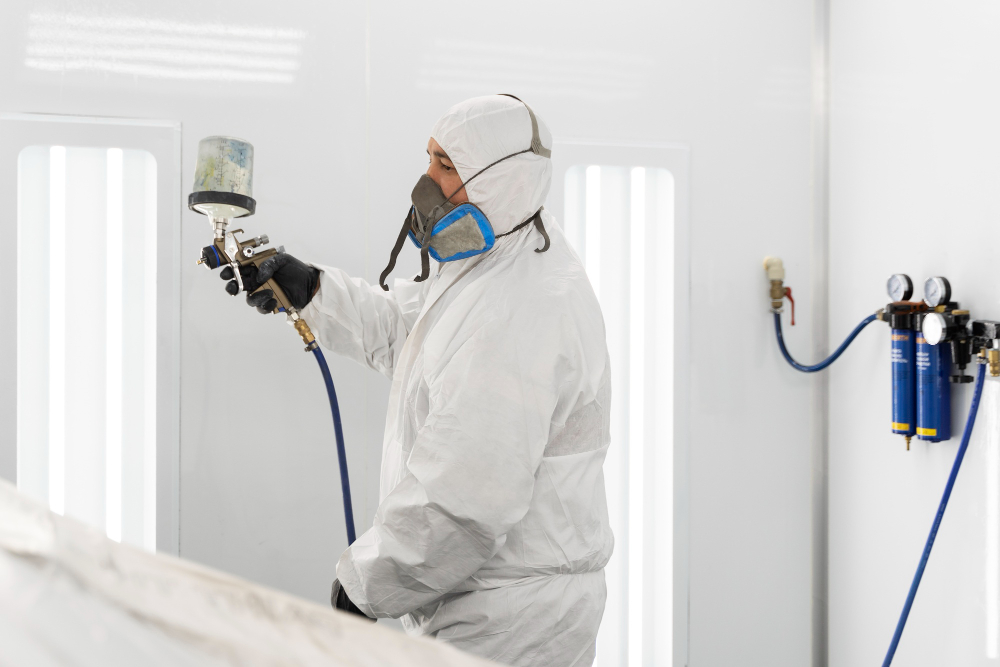 Person in protective suit spray painting in a clean, white industrial environment.